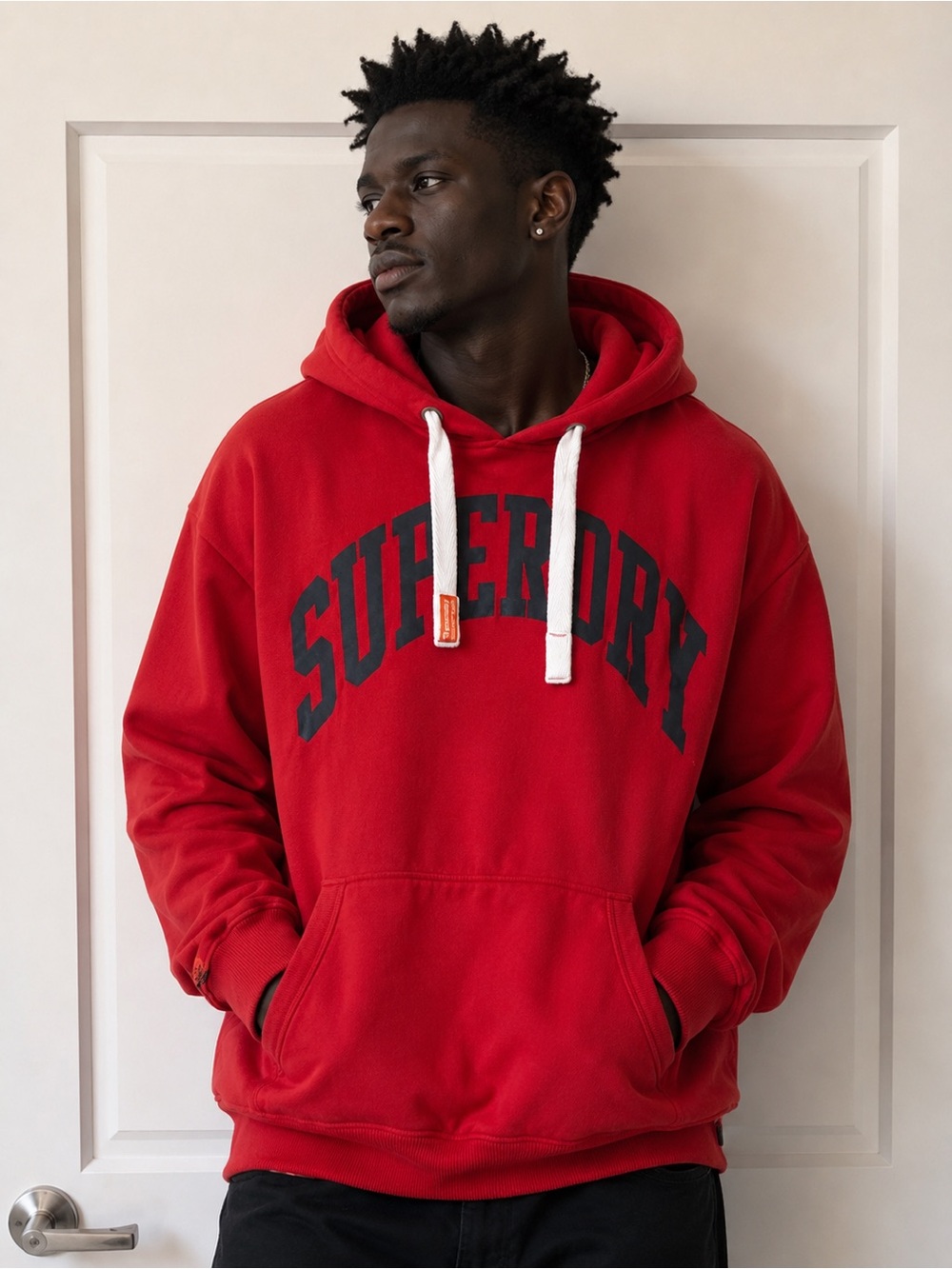 Superdry Red Hoodie with Black Logo and White Drawcords